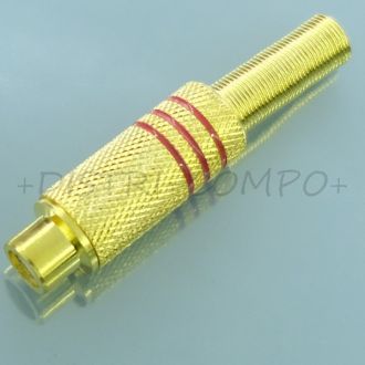 Fiche RCA femelle dorée bague rouge passage cable 6mm