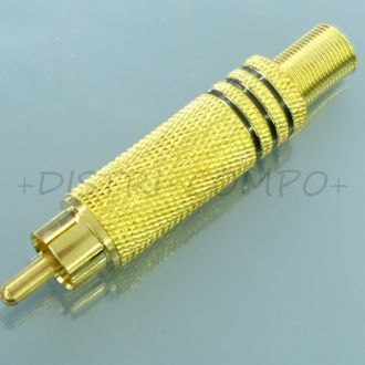 Fiche RCA mâle dorée bague noire passage cable 6mm