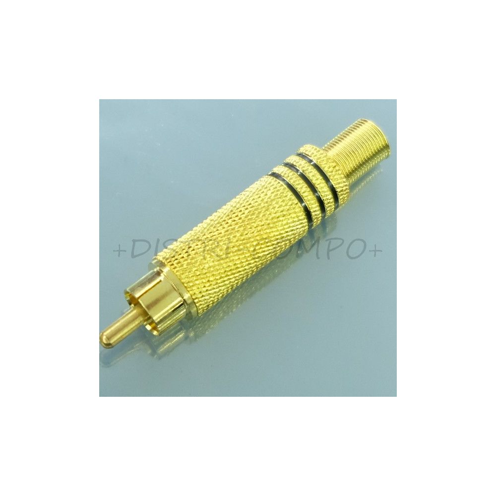 Fiche RCA mâle dorée bague noire passage cable 6mm