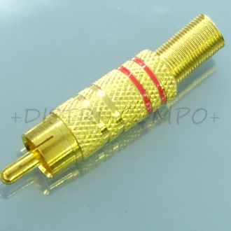 Fiche RCA mâle dorée bague rouge passage cable 5mm