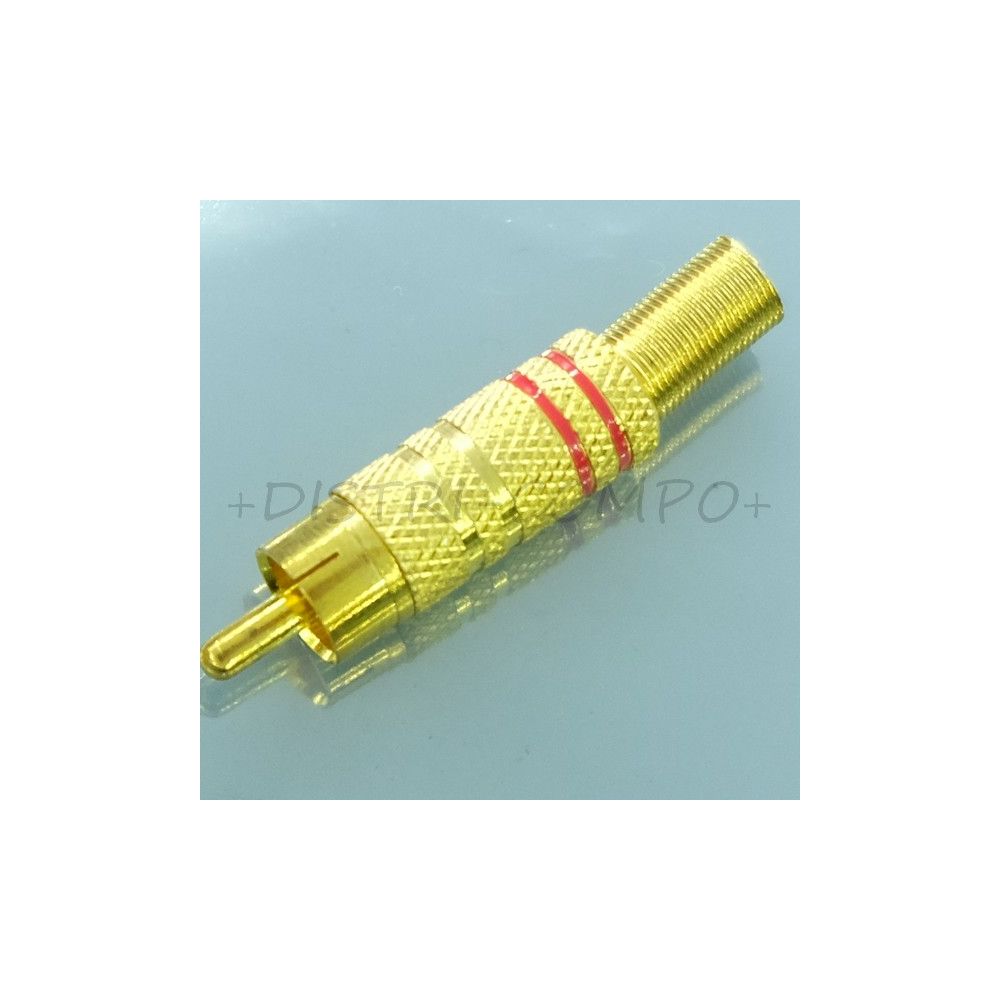 Fiche RCA mâle dorée bague rouge passage cable 5mm