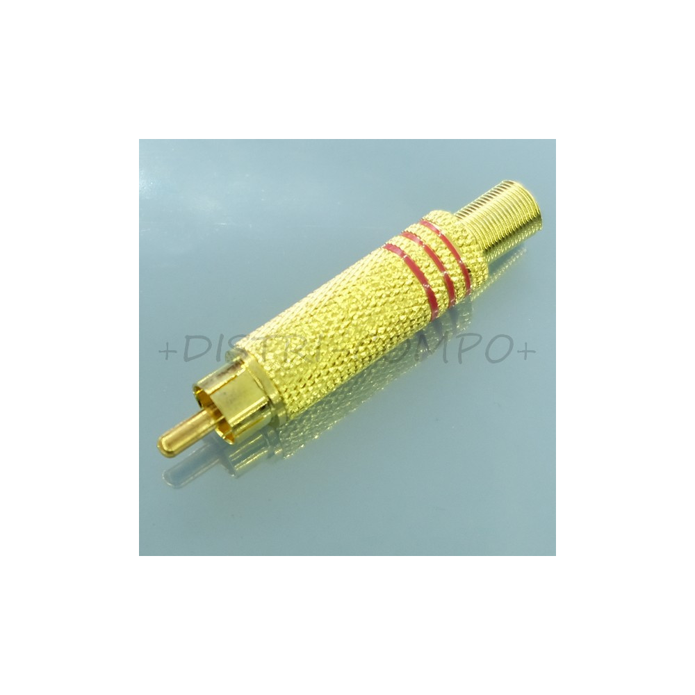 Fiche RCA mâle dorée bague rouge passage cable 6mm