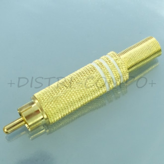 Fiche RCA mâle dorée bague blanche passage cable 6mm